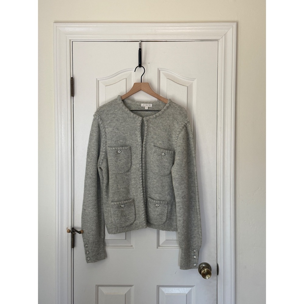 J.Crew | 2023 Odette Sweater Lady Jacket L Gray Jewel Button Merino Alpaca BV762 - Picture 4 of 11